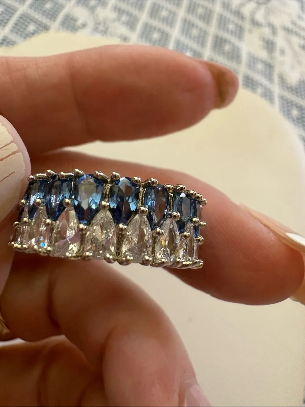 Silver over stainless Blue and White Teardrop Cubic Zirconia Eternity Ring NWOT